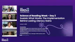 Slide for Lexia Science of Reading Week, Day 2, featuring a presentation title and list of four speakers.