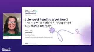 A woman smiles beside a presentation slide titled “Science of Reading Week Day 3: AI-Supported Structured Literacy.”.