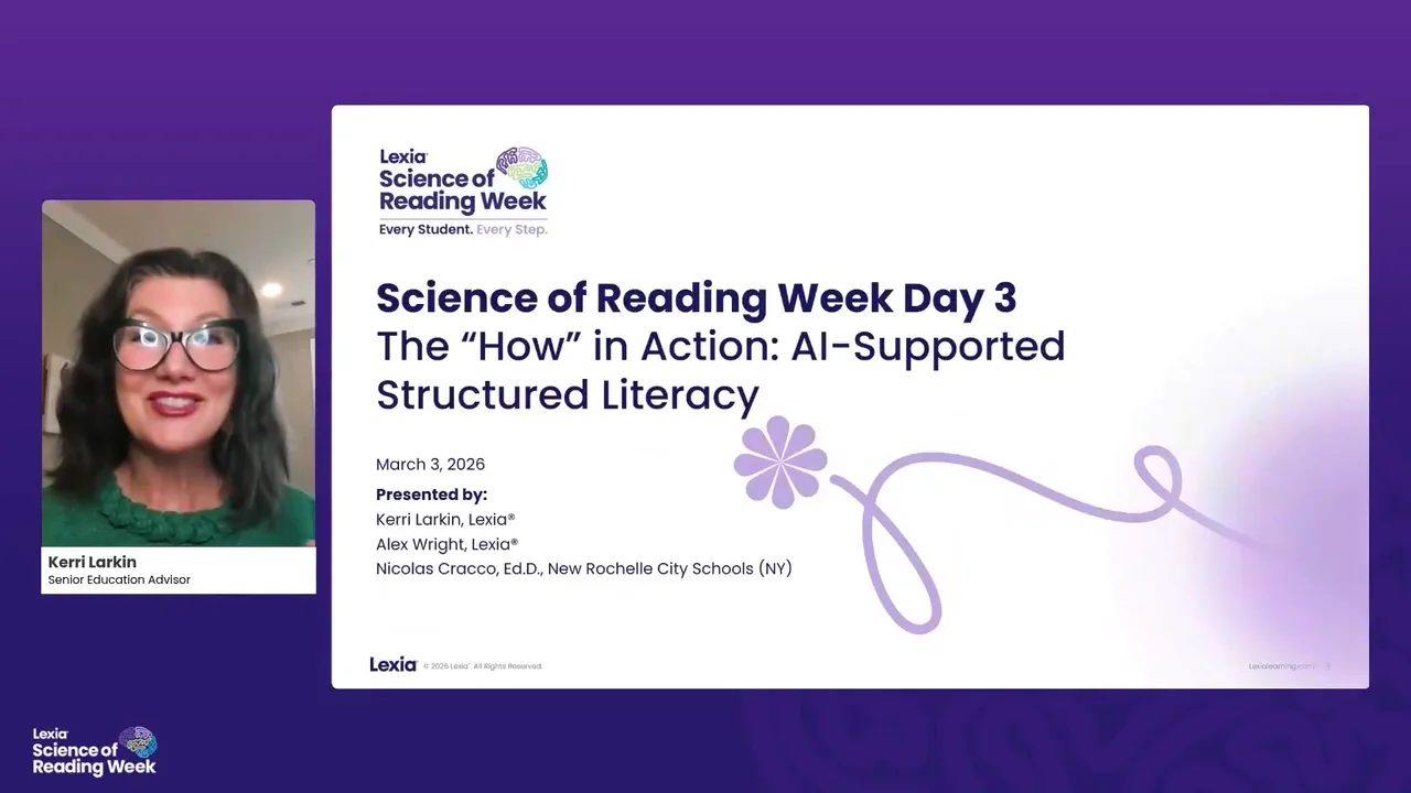 Woman smiling next to a presentation slide titled “AI-Supported Structured Literacy” for Lexia’s Science of Reading Week.