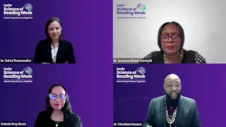 Four people in virtual meeting, each in a separate frame, with Lexia Science of Reading Week logo in backgrounds.