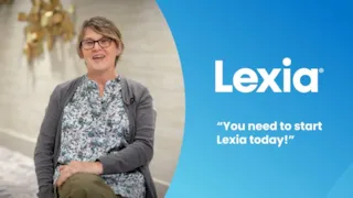 A woman smiles while sitting; next to her, the text says Lexia—You need to start Lexia today! on a blue background.