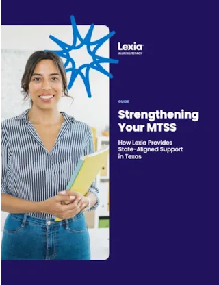 Smiling woman holding folders stands next to Strengthening Your MTSS Lexia guide cover with blue design.