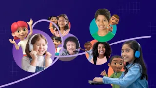 Children smiling, wearing headphones, with animated cartoon kids interacting on a purple background with curved lines.