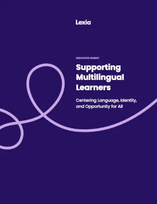 Dark blue cover with Supporting Multilingual Learners text and a looping lavender line, Lexia logo at the top.