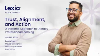 Smiling man with glasses and beard stands with arms crossed next to text about literacy professional learning.