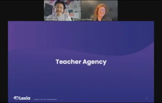 Two people speak in a video call above a slide titled Teacher Agency with a 40 Lexia logo in the corner.