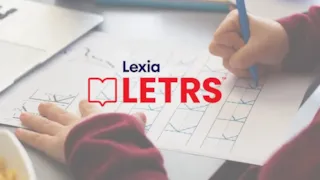 A child practices handwriting on lined paper with Lexia LETRS logo overlaid in the center.