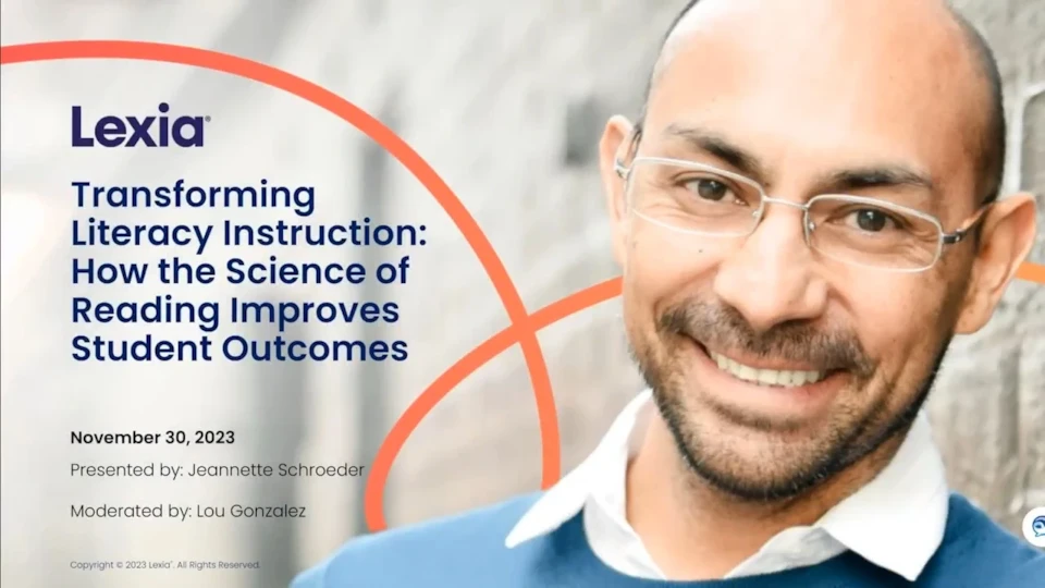 Smiling man with glasses next to text about a Lexia literacy instruction event on reading science and student outcomes.