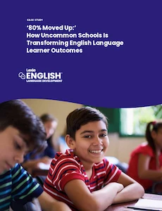 Smiling boy in a classroom with other students; text about transforming English Language Learner outcomes.