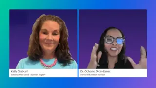 Two women smiling during a virtual meeting, each in their own video frame with name and title labels below.