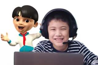 A child wearing headphones smiles at a laptop with a cheerful cartoon character beside them.