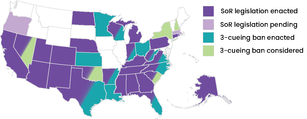 A map of the United States indicating states that have science of reading legislation and/or three-cueing bans.